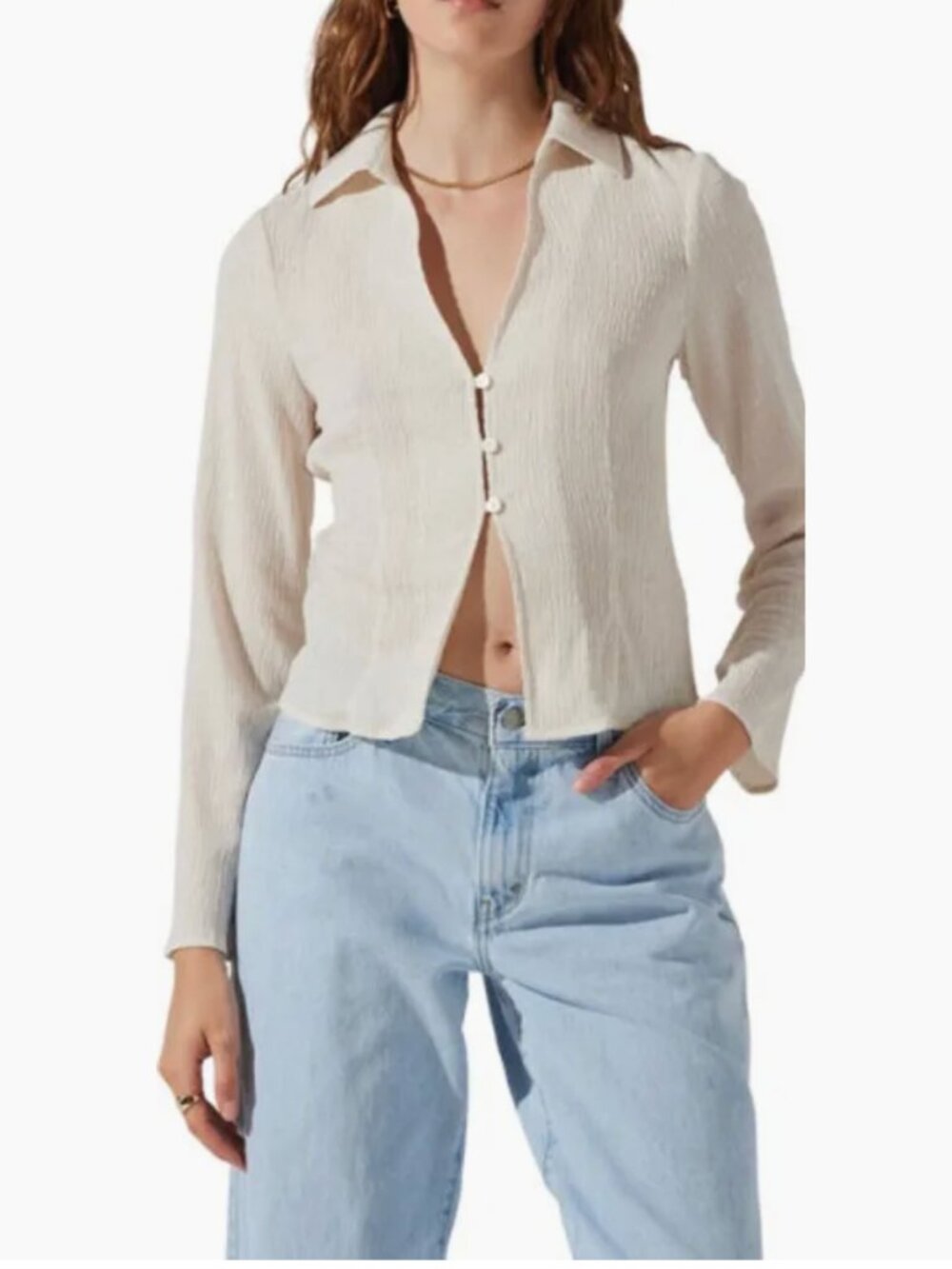 ASTR the Label Cream Textured Button Front Bell Sleeve Going Out Top Size XS
